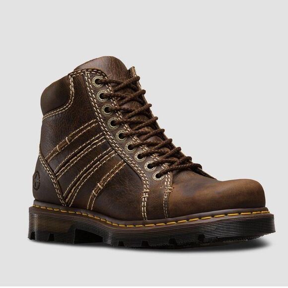 Dr. Martens Quincy Brown Leather‎ Combat Ankle Boots 10 Lace-Up Yellow Stitch - Picture 1 of 12
